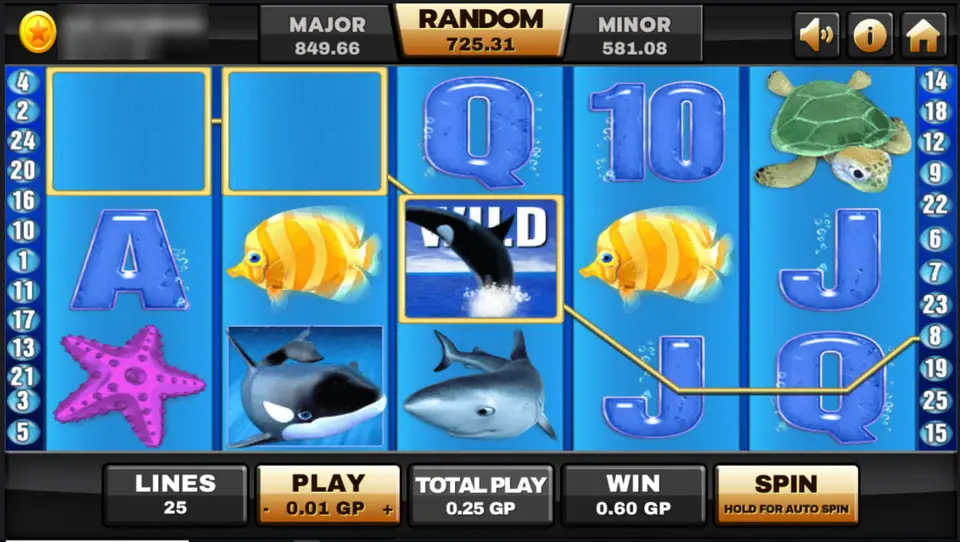 Great Blue on Joker123 with an orca wild on reel 3 completing a line, yellow fish, a shark and a turtle, 25 lines at 0.01 GP, player ID and balance blurred