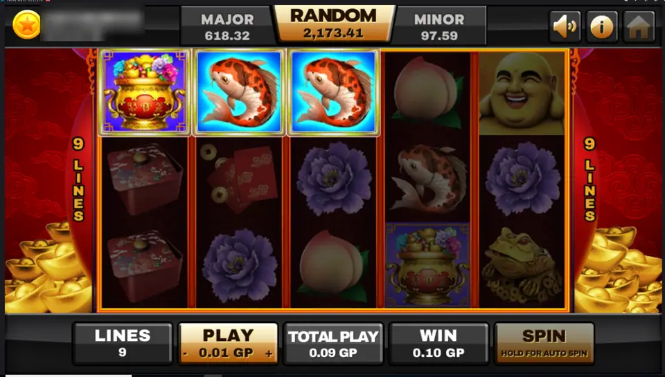 Happy Buddha on Joker123 with a treasure pot wild and two koi in a win on the top row, peaches, peonies and a laughing Buddha, 9 lines, player ID and balance blurred
