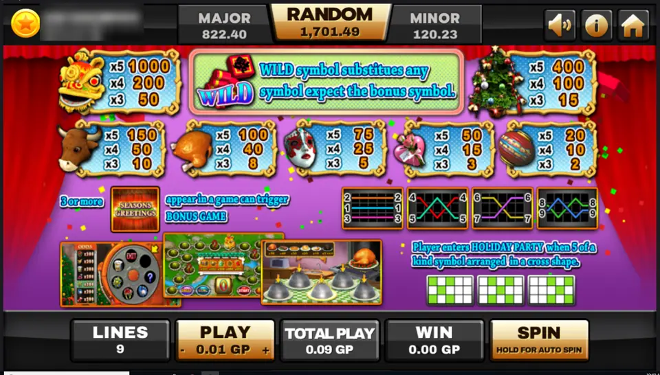 Happy Party paytable on Joker123: lion dance head, Christmas tree, bull, turkey and mask payouts, the gift box wild and the Seasons Greetings bonus games, player ID and balance blurred