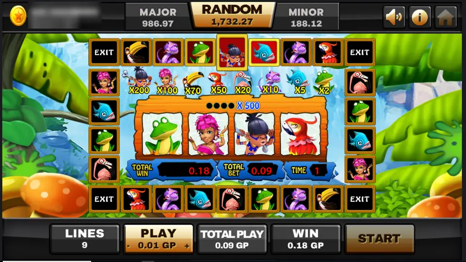 Jungle Island bonus round on Joker123: a ring of animal tiles and EXIT squares, multipliers from x2 to x200 and four centre slots for x500, player ID and balance blurred