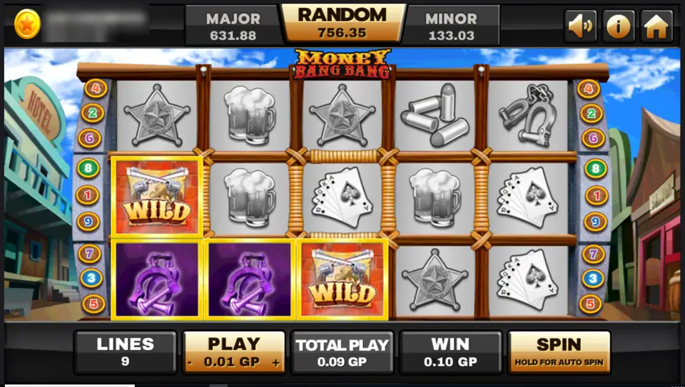 Money Bang Bang on Joker123 with two crossed revolver wilds and two handcuff symbols in a win, sheriff stars, beer and cards, 9 lines, player ID and balance blurred