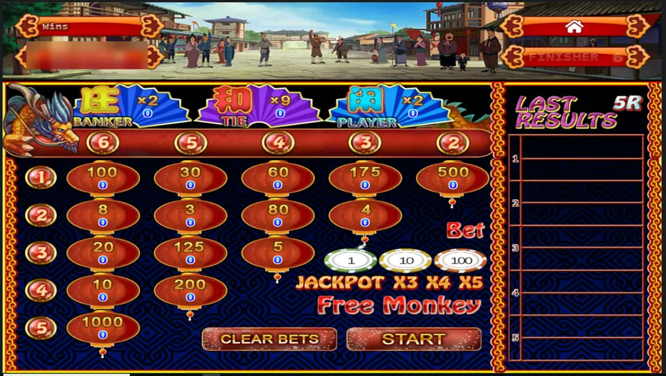 Monkey Thunderbolt betting board on Joker123: Banker, Tie and Player fans above a grid of lantern bets with odds from 3 to 1,000, chips of 1, 10 and 100, balance blurred