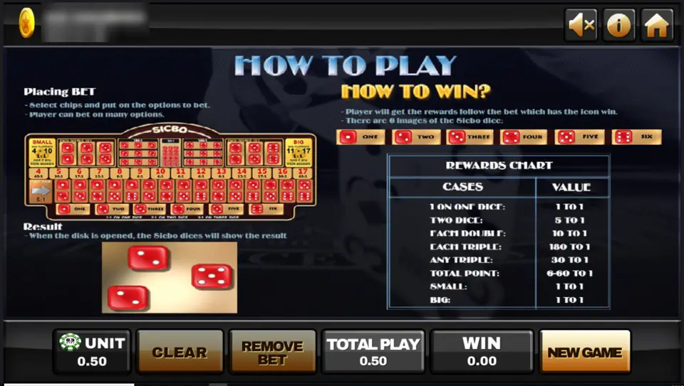 Sic Bo rules screen on Joker123: the betting board, three dice as a result and a rewards chart from 1 to 1 up to 180 to 1, player ID and balance blurred