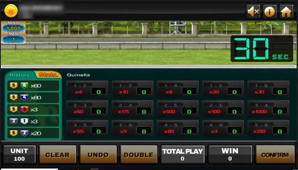 Super Derby on Joker123: a 30 second countdown over the track, a history panel and 15 quinella pairs with odds from x3 to x1000, player ID and balance blurred