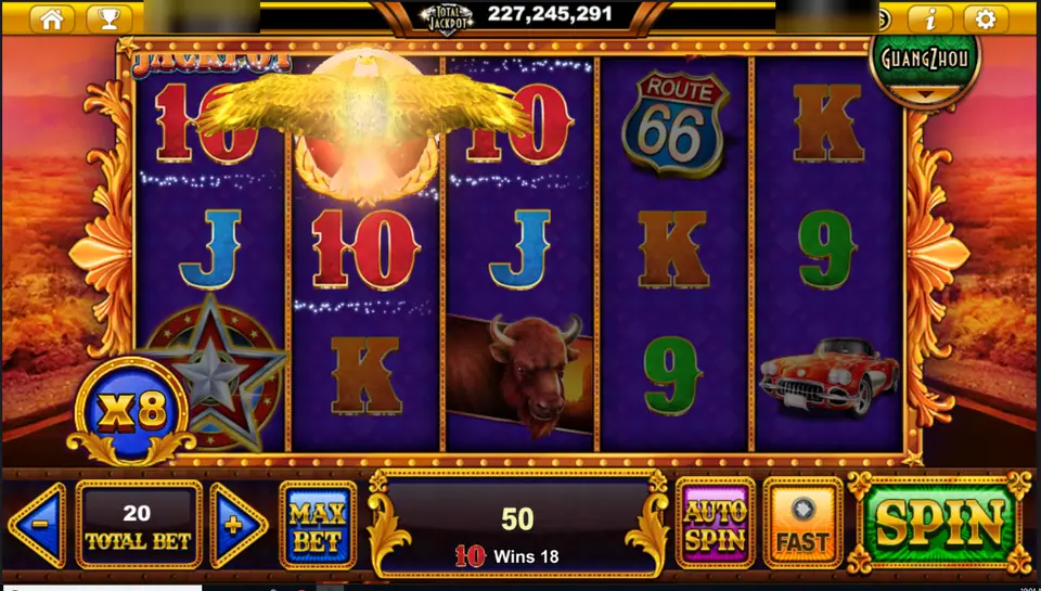 Dreams of American on Live22: a golden eagle over the reels and an x8 multiplier orb in the corner, total bet 20, player ID and balance blurred