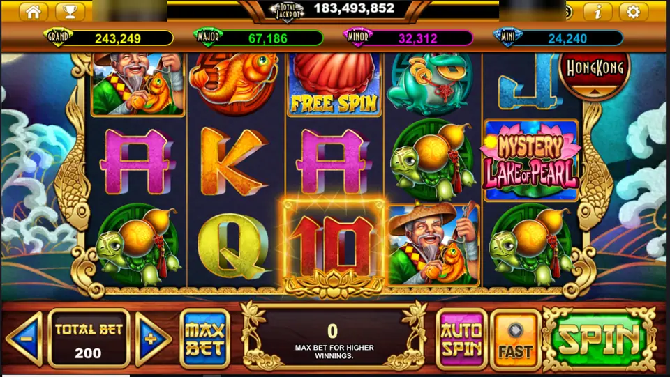 Mystery Lake of Pearl on Live22: the fisherman, a gourd turtle, a Free Spin clam and the logo tile on five reels, total bet 200, player ID and balance blurred