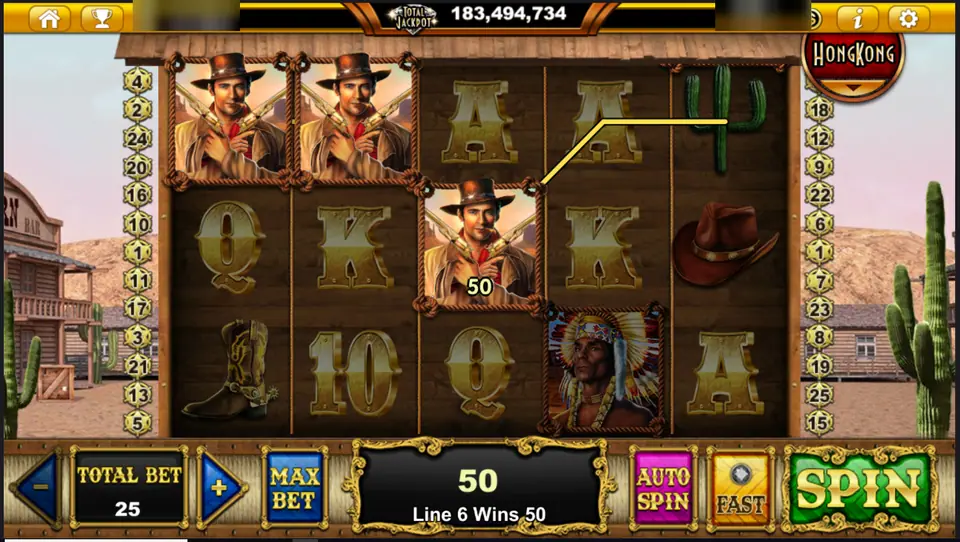 Outlawed Gunslinger on Live22: three gunmen on line 6 win 50 at a total bet of 25, with a chief, a boot and a cactus nearby, player ID and balance blurred