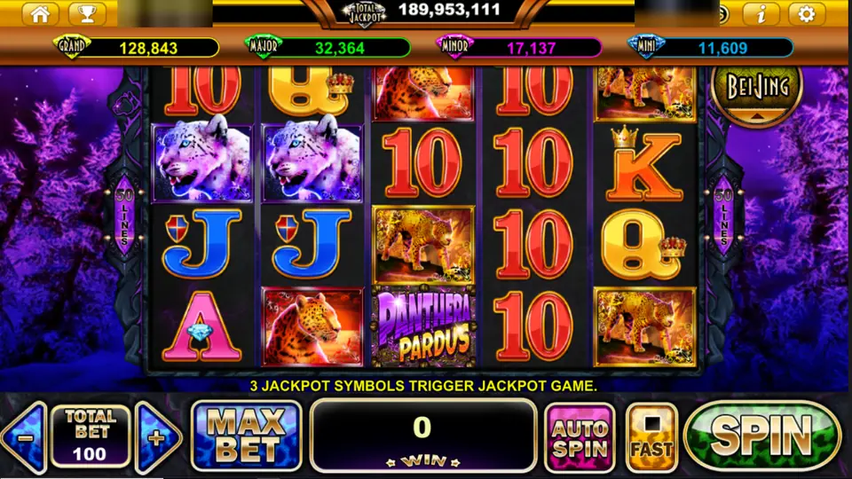 Panthera Pardus on Live22: snow leopards, golden leopards and the logo tile on five reels of four, 3 jackpot symbols trigger jackpot game, player ID and balance blurred