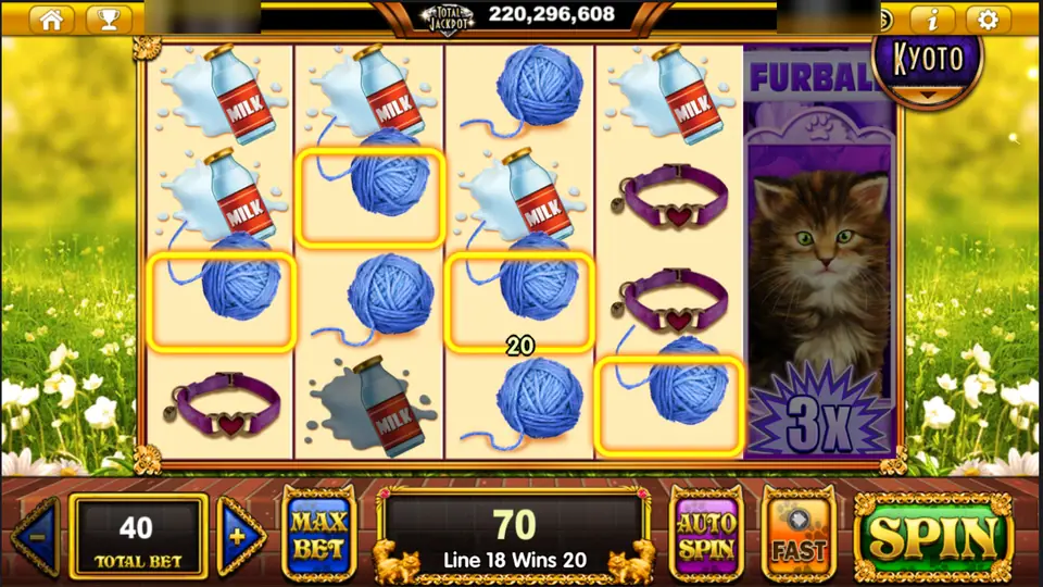Pop Kittens on Live22: wool balls win 70 while a Furball kitten fills reel 5 with a 3x badge, player ID and balance blurred