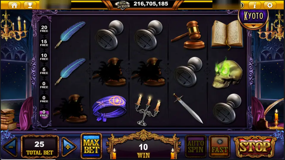 Queen Femida on Live22: gavels, seals, a skull and a blindfold on five reels beside a free spin ladder from 0 to 20, player ID and balance blurred