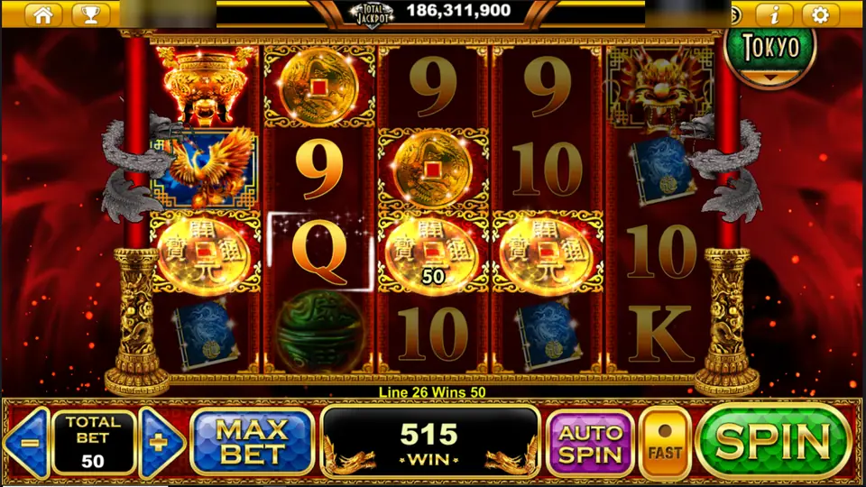 Resurrection Dragons on Live22: gold coins across the reels in a 515 credit spin at a total bet of 50, player ID and balance blurred
