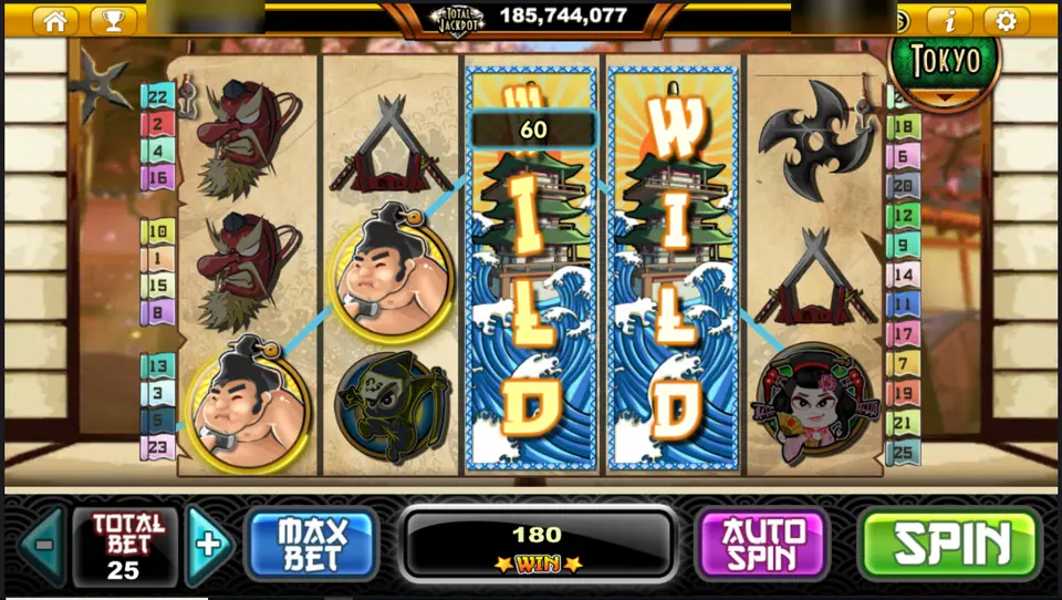 Samurai Heroes on Live22: two pagoda Wild reels side by side in a 180 credit win at a total bet of 25, player ID and balance blurred