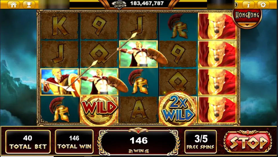 Spartans Legacy free spin 3 of 5 on Live22: a Wild and a 2x Wild on the reels and a total win of 146 at a total bet of 40, player ID and balance blurred