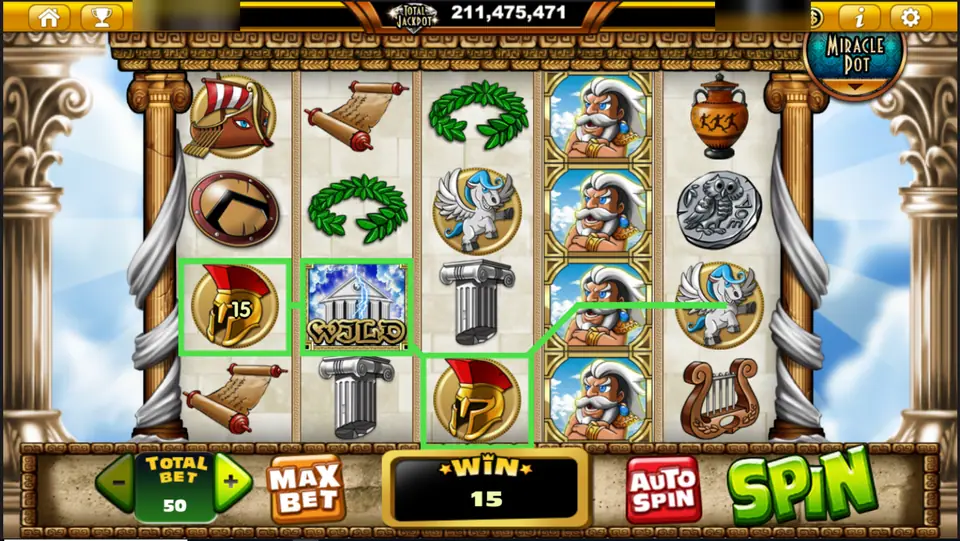 Zeus D'mighty on Live22: Zeus stacked on reel 4 and a temple Wild in a 15 credit win at a total bet of 50, player ID and balance blurred