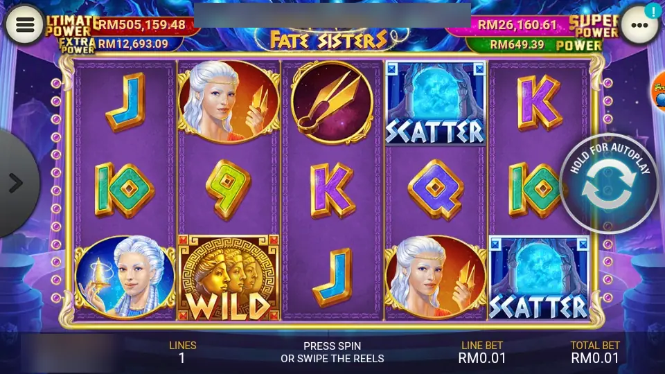 Age of the Gods: Fate Sisters on LPE88 with the three sisters, a gold three-faced wild and two blue scatters, one line at RM0.01