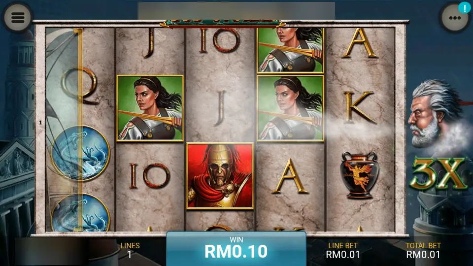 Age of the Gods: God of Storms on LPE88 with a bearded god beside a 3X multiplier, a warrior woman, a Spartan and a painted amphora