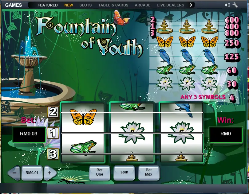 Fountain of Youth on LPE88: three reels, three lines and a pay table with fountains, butterflies, bluebirds, frogs and water lilies