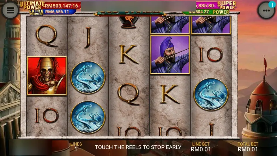 God of Storm on LPE88: a Spartan, a turbaned archer, sea serpent medallions and card ranks on stone reels, with the jackpot meters on top
