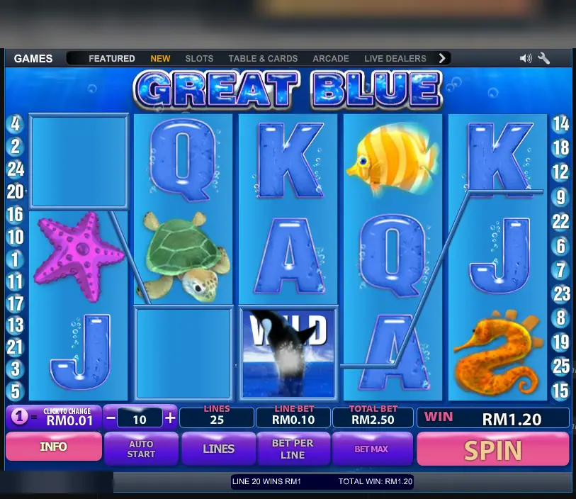 Great Blue on LPE88: 25 lines, a coin of RM0.01 times 10 for RM2.50, the orca wild helping a line win of RM1.20