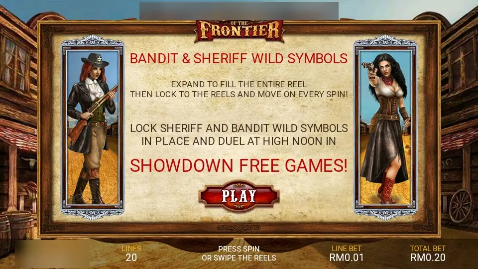 Heart of the Frontier on LPE88: the intro card explaining bandit and sheriff wild symbols and the Showdown Free Games