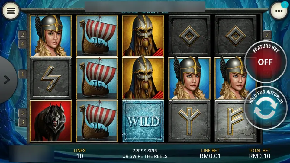 Ice Cave on LPE88: valkyries, a bearded Viking, longships, a wolf and an ice wild, with the Feature Bet switch set to off