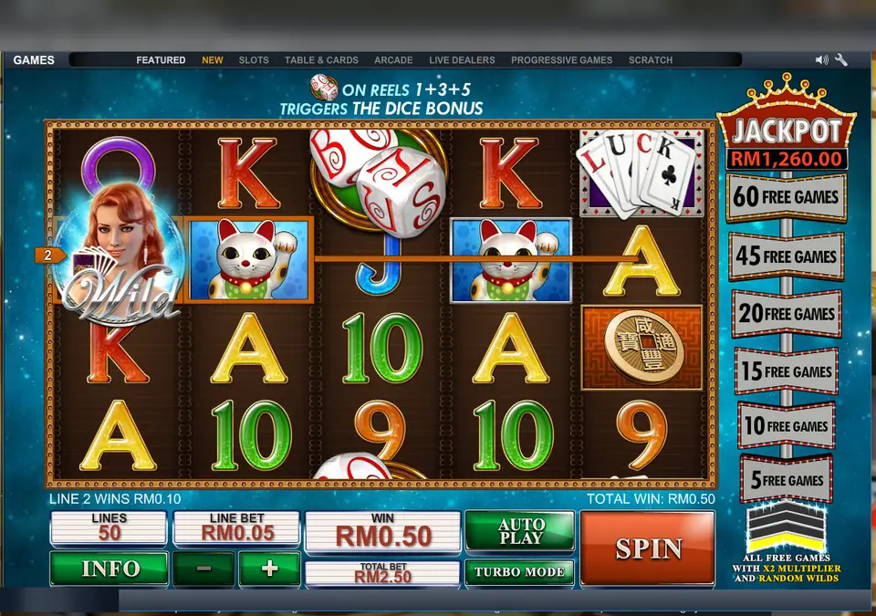 Streak of Luck on LPE88: the dice bonus banner, a stacked wild, two lucky cats and the free games ladder from 5 to 60