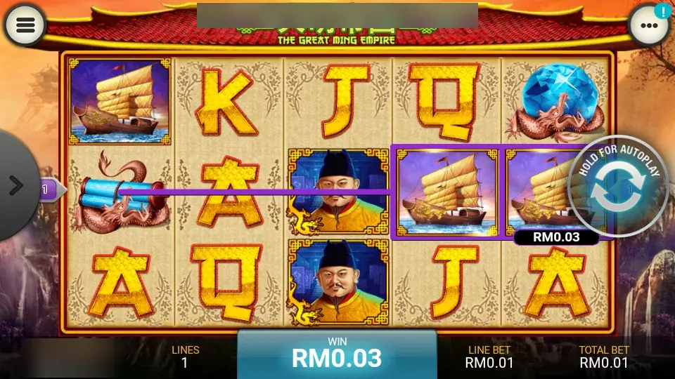 The Great Ming Empire on LPE88: junks, a Ming official and a dragon scroll on the reels, with a RM0.03 win on line 1