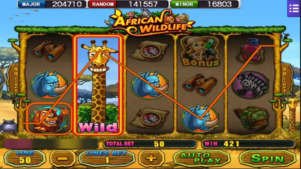 African Wildlife on Mega888: the giraffe wild covering reel 2 and a line win of 421 at 50 lines and a line bet of 1