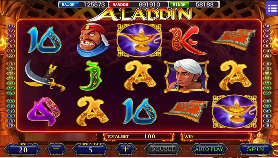 Aladdin Wishes on Mega888: Aladdin, a bandit, two golden lamps and a flying carpet, 20 lines at a line bet of 5