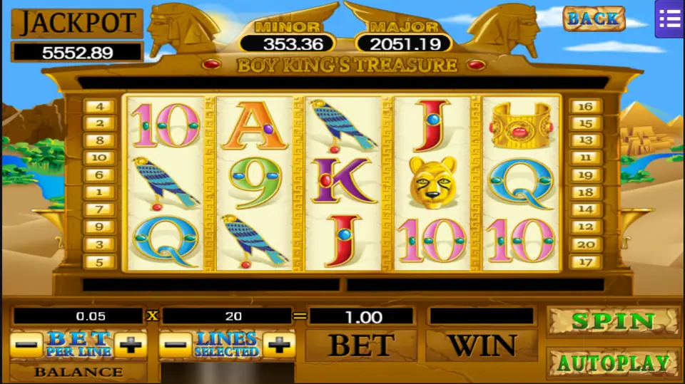 Boy King's Treasure on Mega888: 20 lines at 0.05 a line make a bet of 1.00, with falcons, a lioness and a gold cuff on the reels