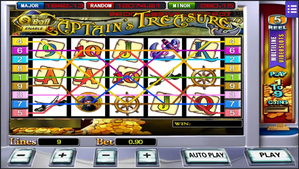 Captain's Treasure on Mega888: nine paylines drawn over the reels, a bet of 0.90 and the Dollar Ball box marked Enable