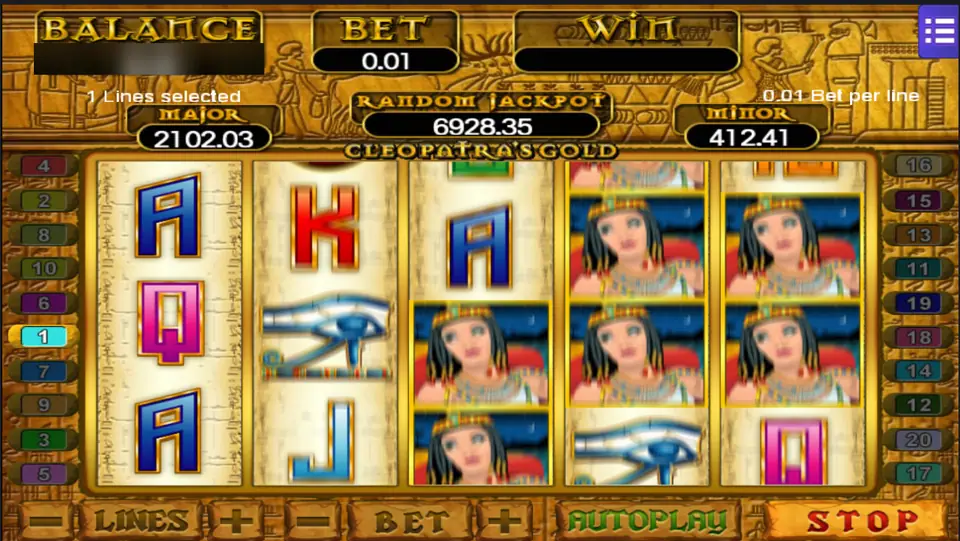 Cleopatra's Gold on Mega888: Cleopatra stacked across reels 3, 4 and 5 on one line at 0.01