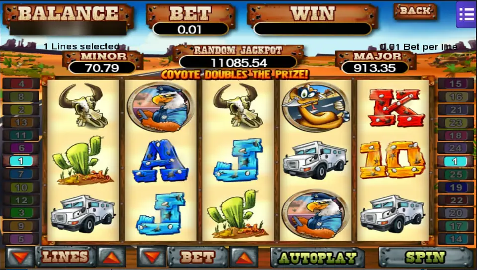 Coyote Cash on Mega888: an eagle sheriff, a coyote, cow skulls, cacti and armoured trucks, under the banner Coyote doubles the prize