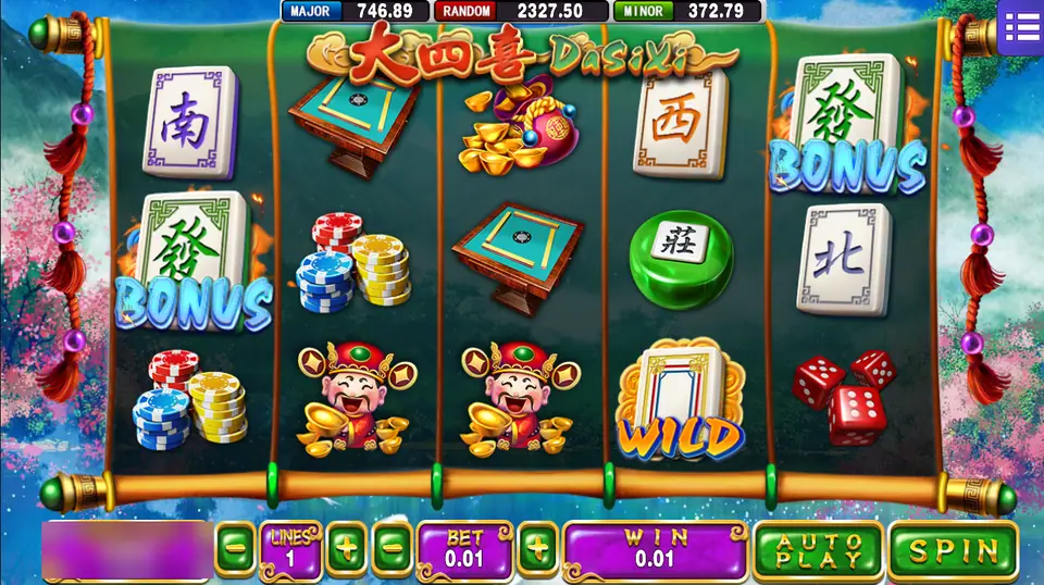 Da Si Xi on Mega888: mahjong tiles, a 發 bonus tile, a wild tile and two Gods of Wealth, one line at 0.01
