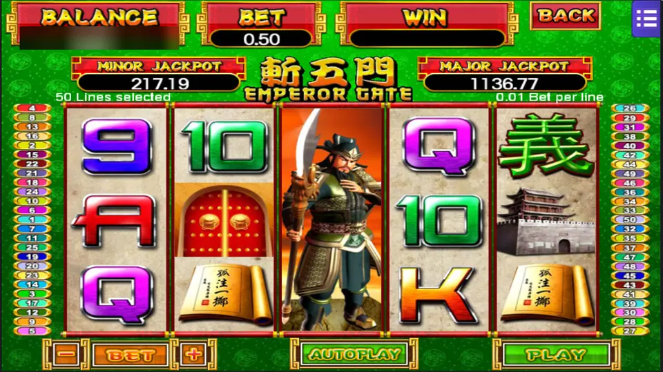 Emperor Gate on Mega888: an armoured warrior filling reel 3 as the wild, beside a red gate, a fortress tower and 義, at 50 lines of 0.01