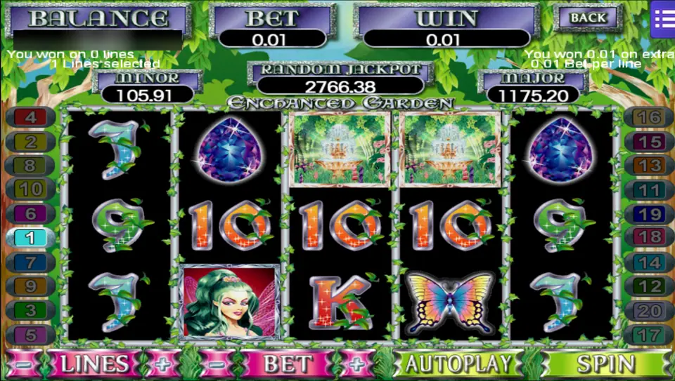 Enchanted Garden on Mega888: two garden fountain symbols, the fairy, gems and a butterfly, one line at 0.01