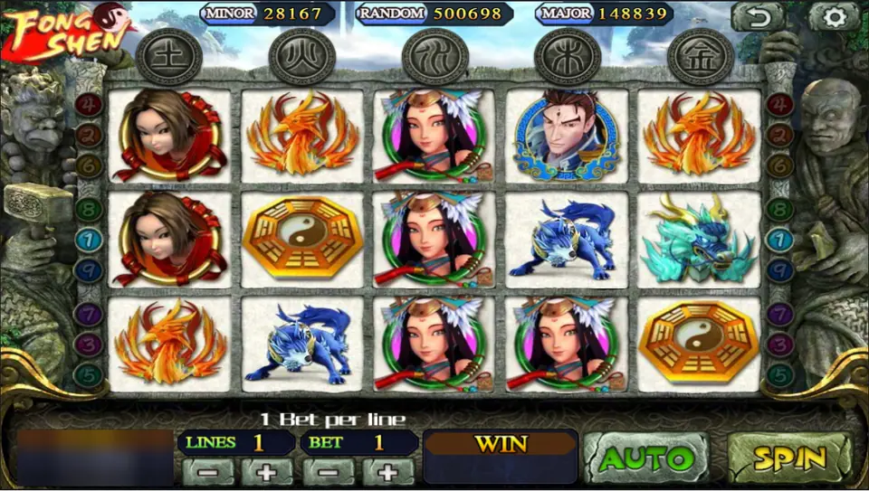 Feng Shen on Mega888: portraits of heroes, a phoenix, a blue beast, a bagua disc and five element discs above the reels