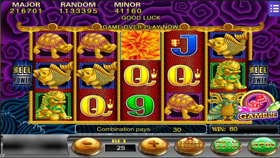 Five Dragons on Mega888: golden turtles, koi, a guardian lion and a phoenix with a Gamble button, 30 for the combination and a win of 80