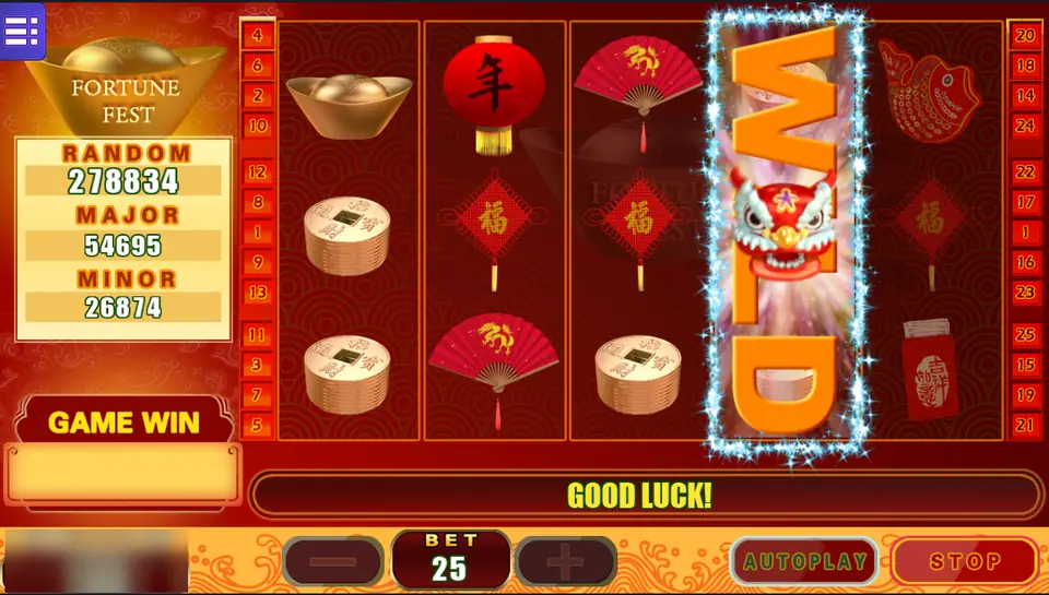 Fortune Fest on Mega888: a lion dance wild stacked over reel 4 among lanterns, fans, coins and 福 knots