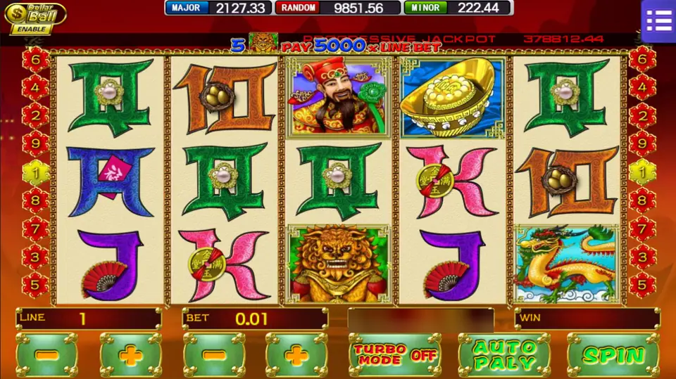 Zhao Cai Jin Bao on Mega888: the God of Wealth, a gold ingot, a guardian lion and a dragon, one line at 0.01