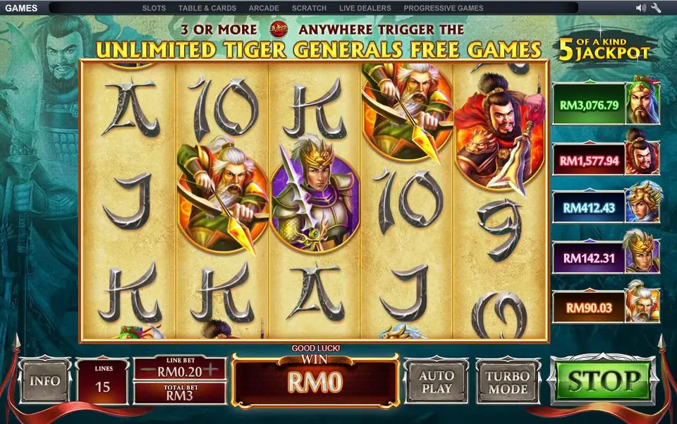 5 Tiger General on NTC33: warrior portraits on gold parchment reels, a banner for unlimited free games and five jackpot meters in RM on the right, 15 lines at RM0.20