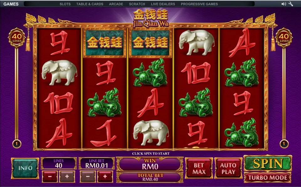 Jin Qian Wa on NTC33: jade guardian beasts, white elephants and two 金钱蛙 tiles among red brush stroke card ranks, 40 lines at RM0.01