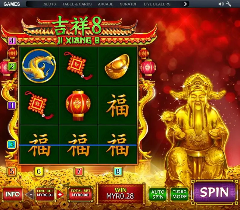 Ji Xiang 8 on NTC33: a row of three gold 福 characters on the bottom line of a 3x3 grid, a koi, a lantern and an ingot above, and a golden god statue beside the reels