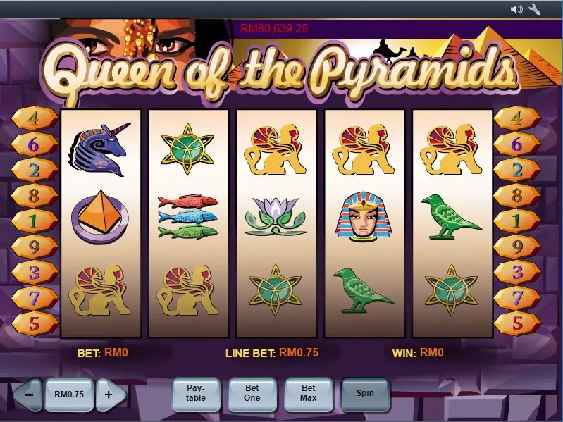 Queen of the Pyramids on NTC33 with winged sphinxes on reels 3 to 5, a pharaoh mask, a lotus and fish, 9 lines and a line bet of RM0.75