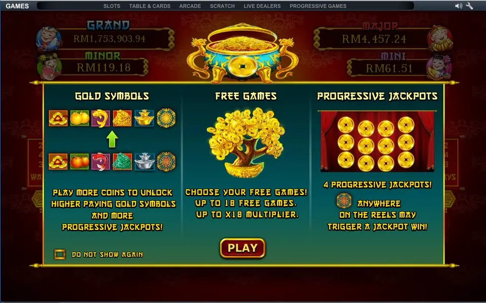 Ri Ri Sheng Cai start screen on NTC33: gold symbols, up to 18 free games with up to x18, and 4 progressive jackpots, with the Grand, Major, Minor and Mini meters above