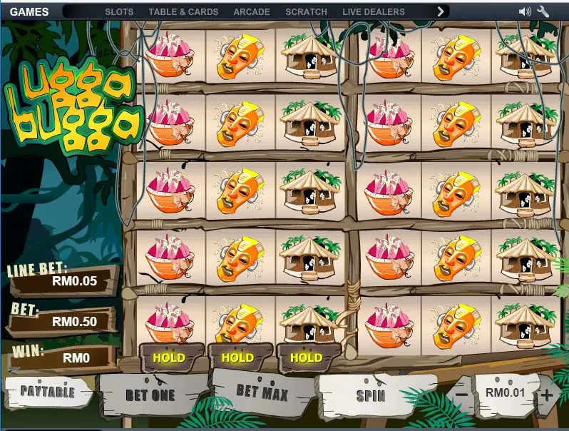 Ugga Bugga on NTC33: fruit bowls, masks and huts repeated across ten rows in two wooden panels, Hold buttons under three reels, line bet RM0.05 and bet RM0.50