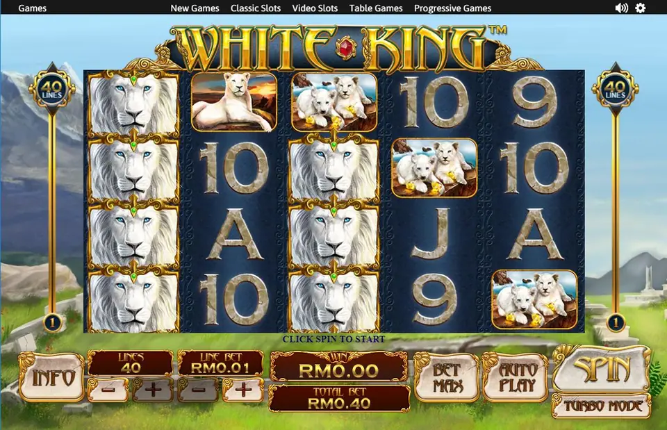 White King on NTC33 with stacked white lions filling reels 1 and 3, a lioness and cubs, 40 lines at RM0.01 for RM0.40