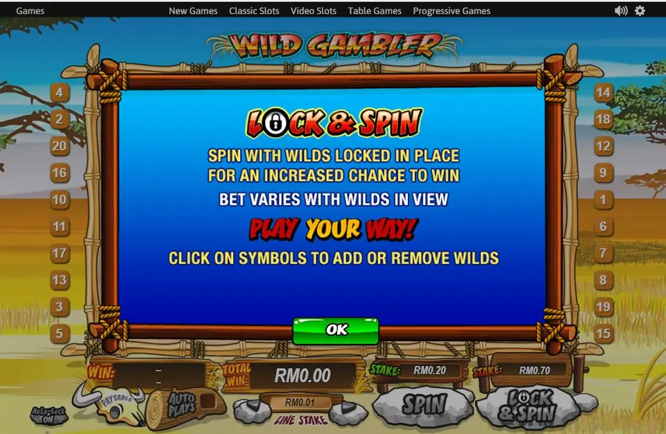 Wild Gambler Lock and Spin screen on NTC33: spin with wilds locked in place, bet varies with wilds in view, stake RM0.20 against a Lock and Spin stake of RM0.70