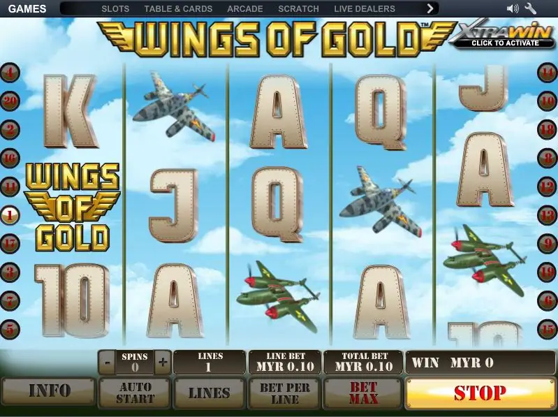 Wings of Gold on NTC33: fighter planes and the gold winged logo among steel card ranks on a sky blue background, with the Xtra Win button, 1 line at MYR0.10