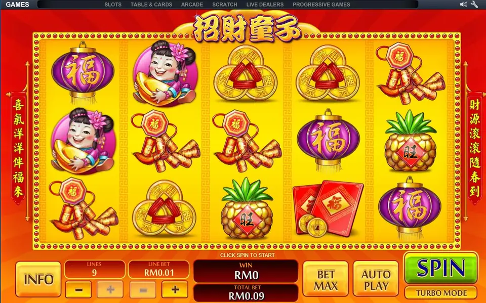 Zhao Cai Tong Zi on NTC33: a girl with a gold ingot, purple 福 lanterns, tied coins, firecrackers and a pineapple on bright yellow reels, 9 lines at RM0.01